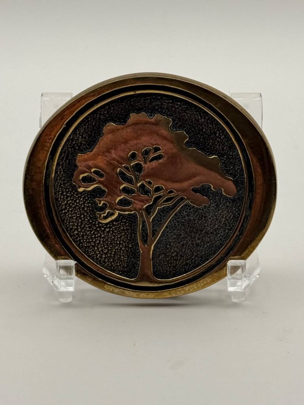 BTS 1978 Horse Tree Western Belt Buckle SIS Mark Brown Gold USA Cowboy Vintage